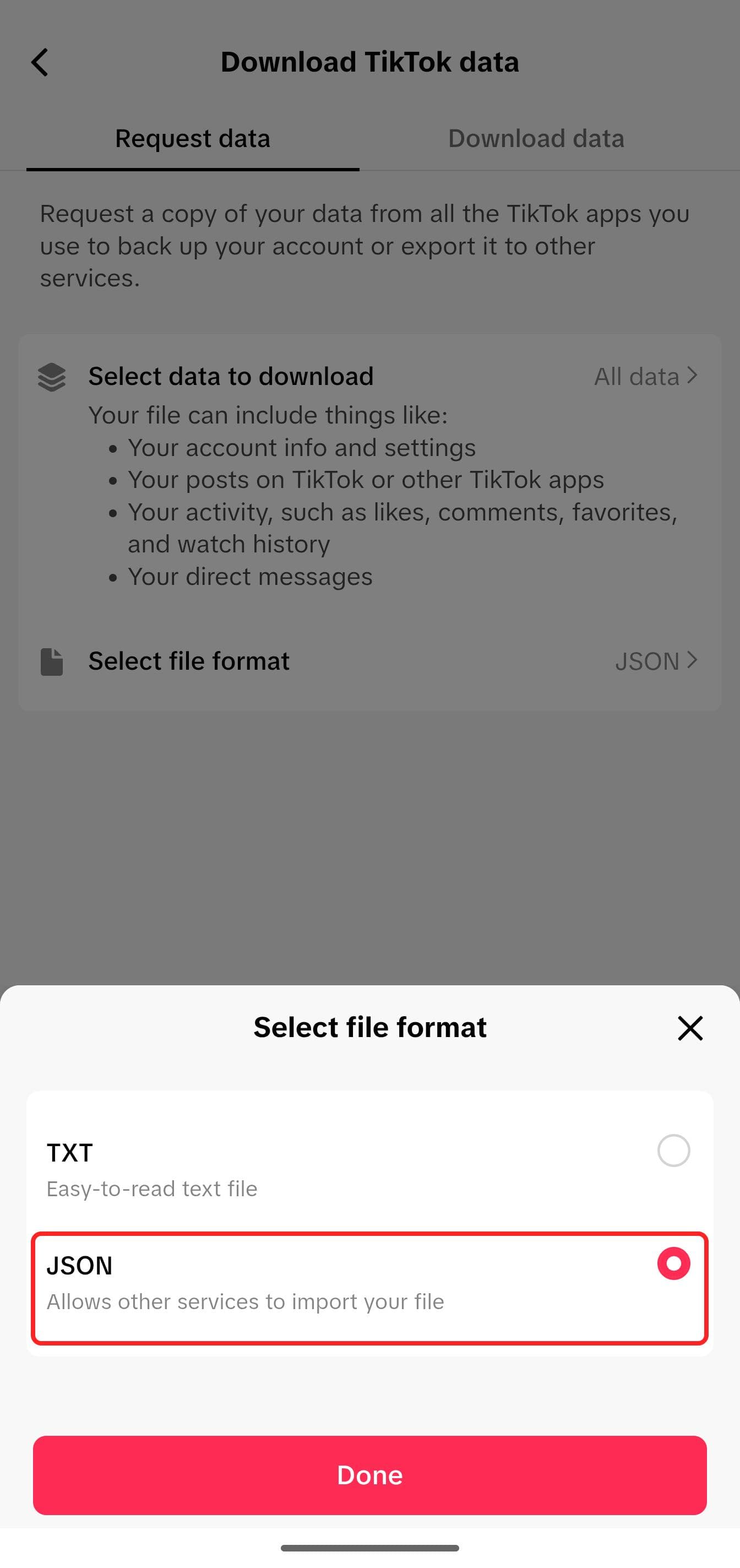 Step 7: Choose 'JSON' as the file format (important!)